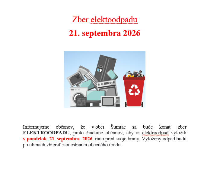 Zber elektroodpadu v Šumiaci 21. septembra 2026: vyložte odpad pred bránu